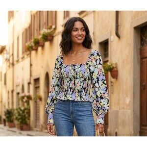 Free People  Blouse Floral Smocked Long Sleeve Square Neck Top Multicolor Boho M